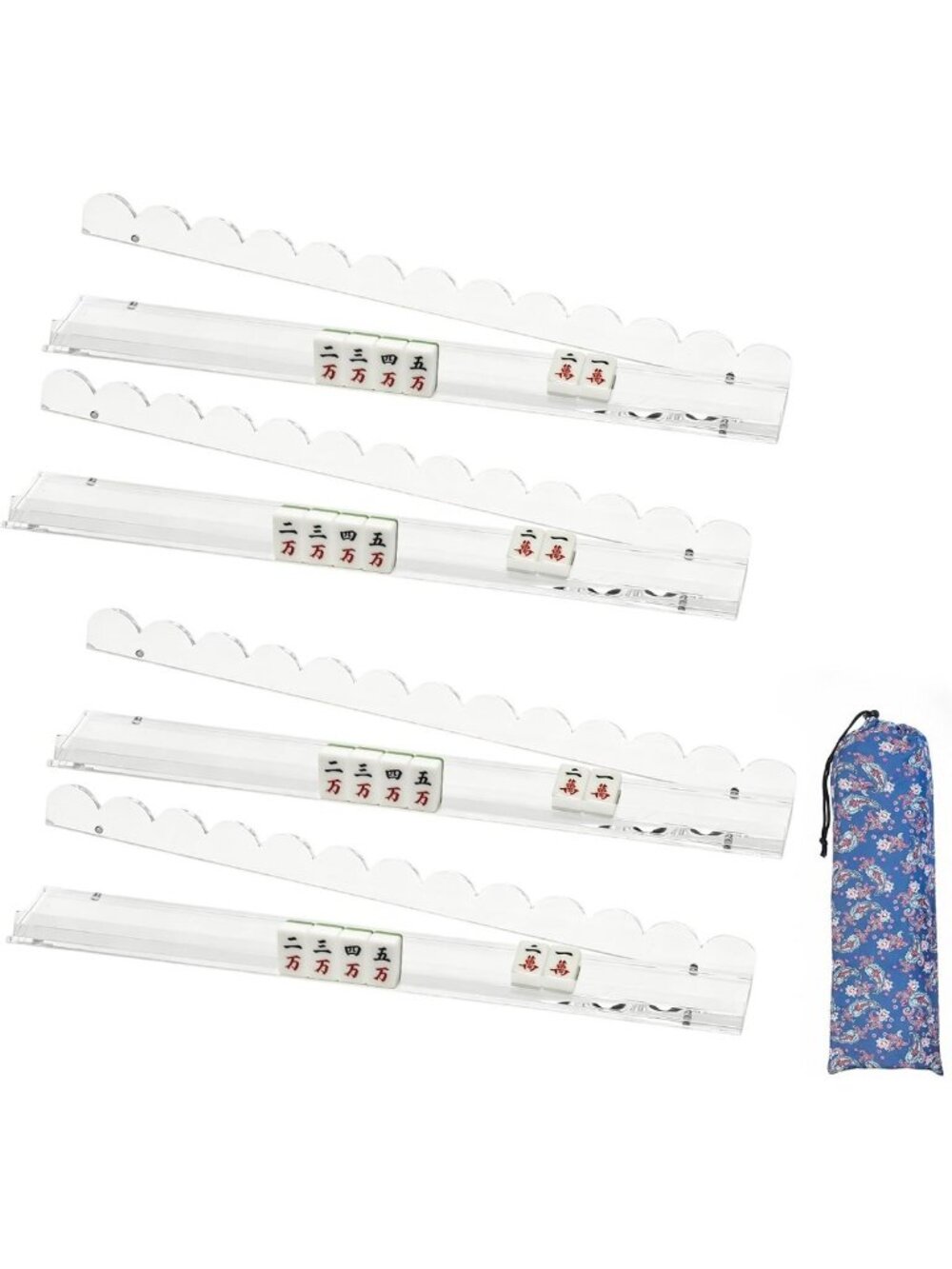 4-Piece Clear Acrylic Mahjong Racks Set with Magnetic Push Rods & Storage Pouch